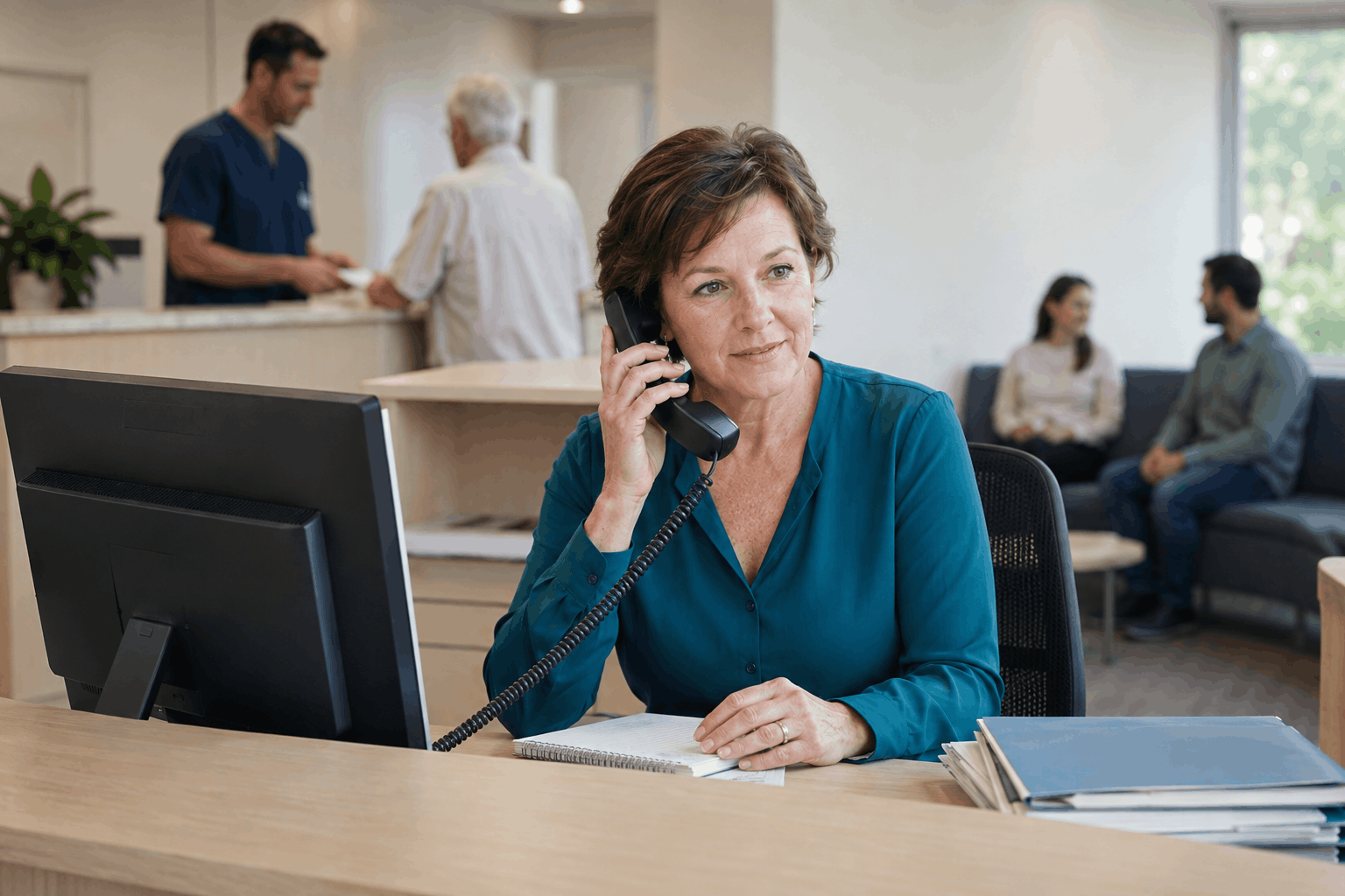 A clinic front desk staff member fielding patient phone calls