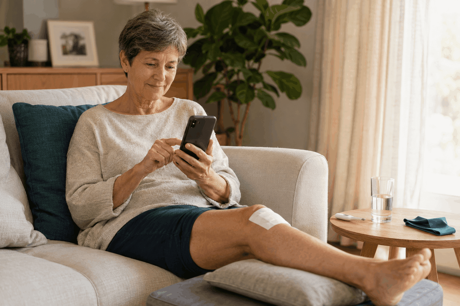A patient recovering at home, completing a daily check-in on their phone