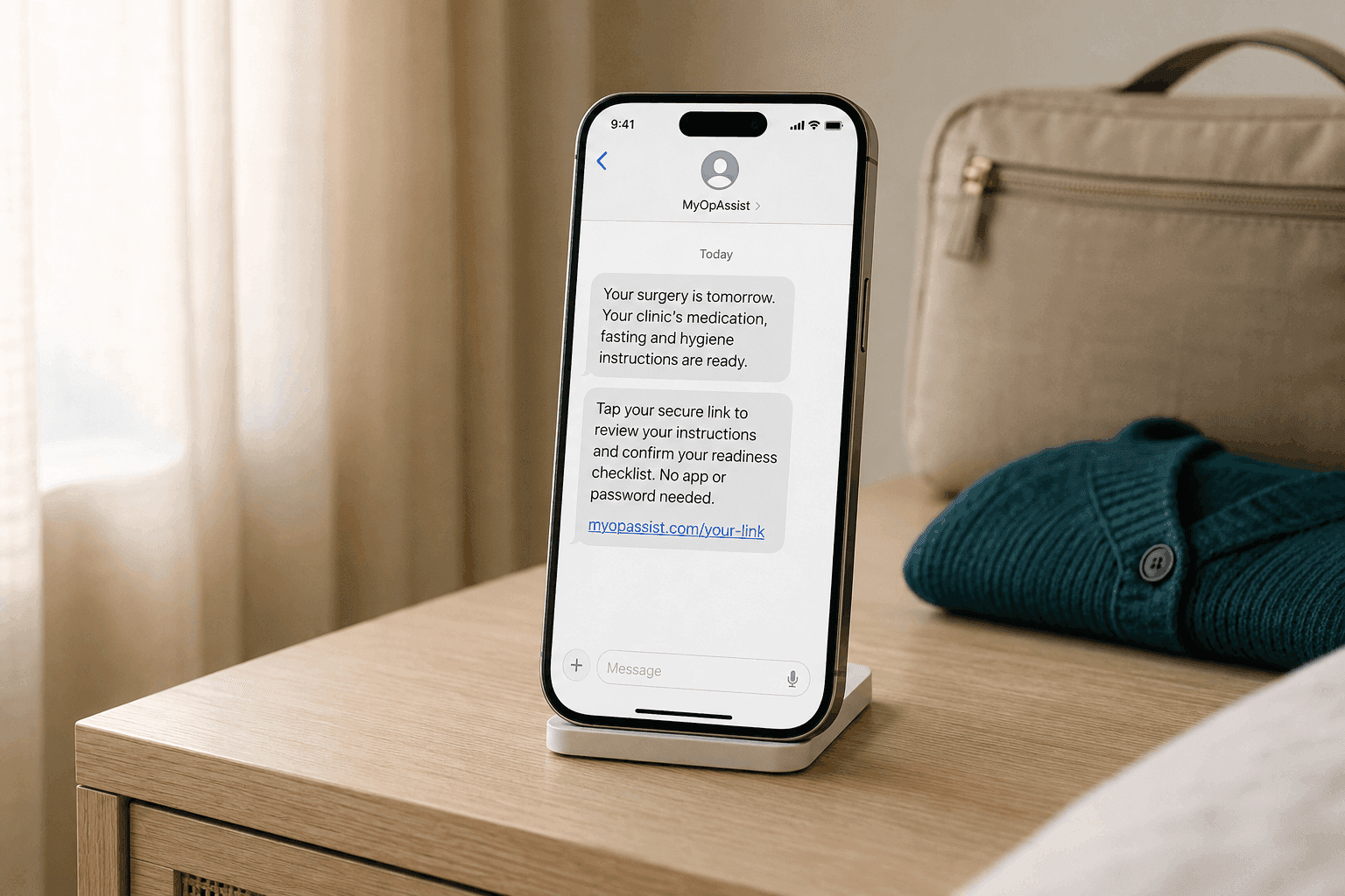An SMS reminder from MyOpAssist on a patient’s phone the day before surgery